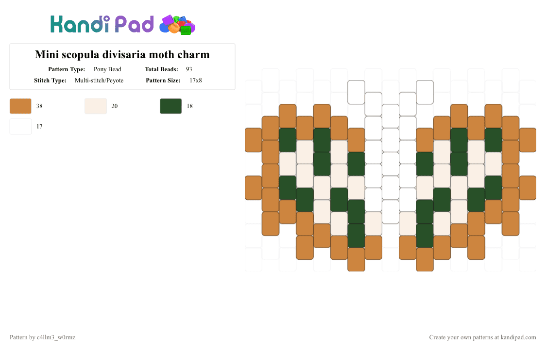 Mini scopula divisaria moth charm - Pony Bead Pattern by c4llm3_w0rmz on Kandi Pad - white,orange,brown,green,bug,insect,nature