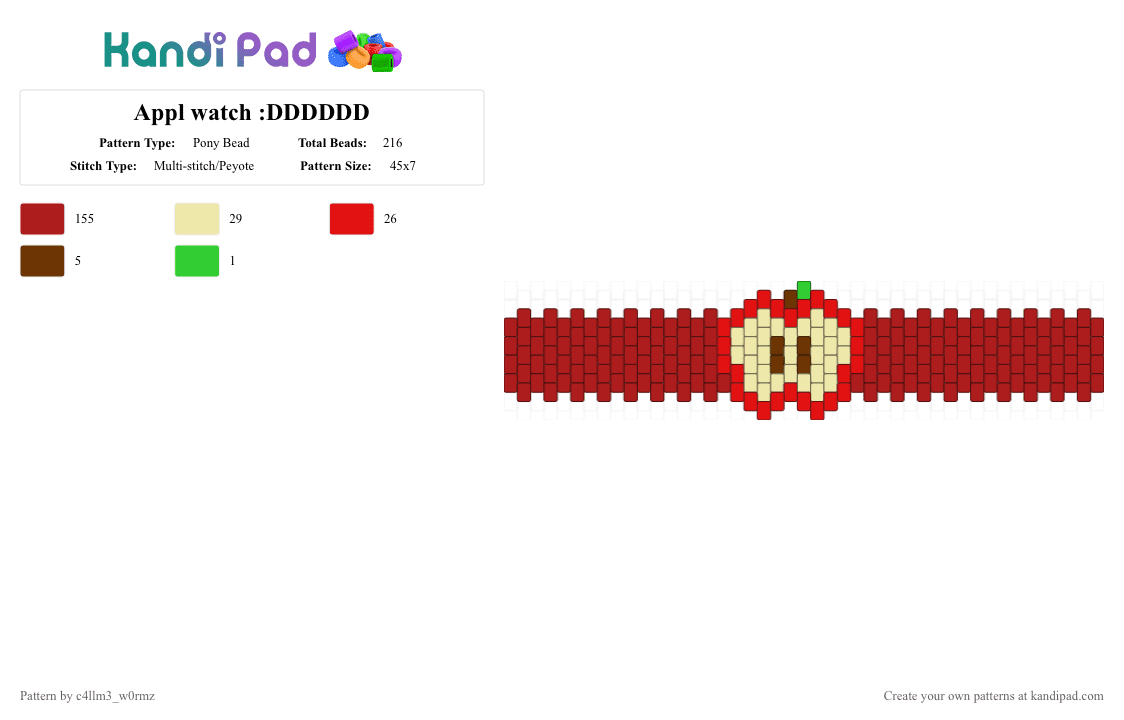 Appl watch :DDDDDD - Pony Bead Pattern by c4llm3_w0rmz on Kandi Pad - red,apple,cuff,cute,fairycore,goblincore,green,brown