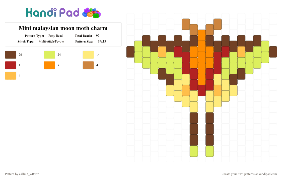 Mini malaysian moon moth charm - Pony Bead Pattern by c4llm3_w0rmz on Kandi Pad - yellow,brown,red,orange,green,bug,insect