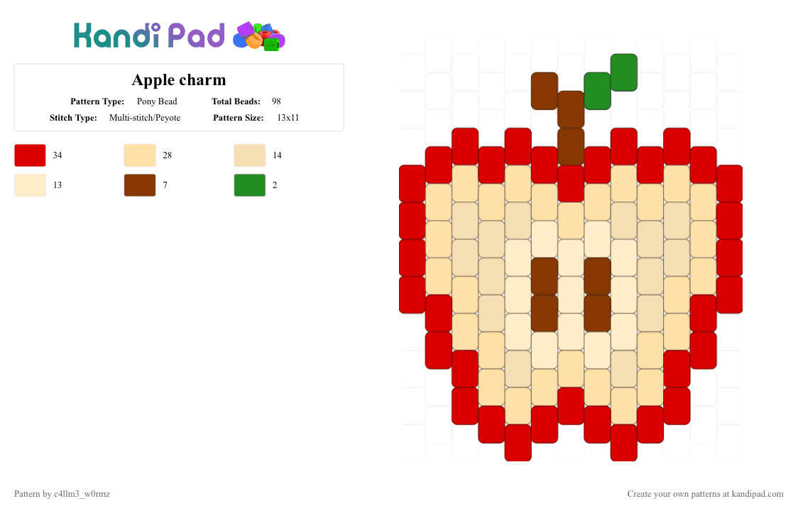Apple charm - Pony Bead Pattern by c4llm3_w0rmz on Kandi Pad - red,beige,fruit,charm,green