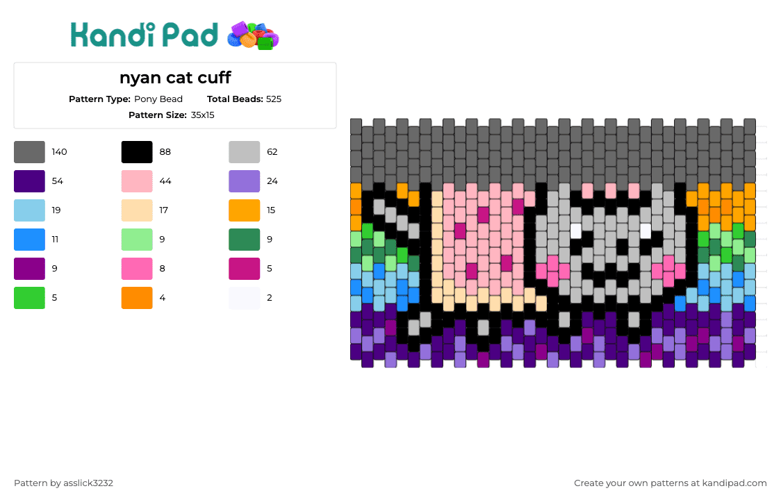 nyan cat cuff - Pony Bead Pattern by asslick3232 on Kandi Pad - nyan cat,pop tart,rainbow,cuff,internet sensation,vibrant,playful,iconic,trail,pink