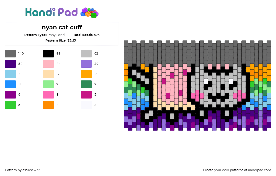 nyan cat cuff - Pony Bead Pattern by asslick3232 on Kandi Pad - nyan cat,pop tart,rainbow,cuff,internet sensation,vibrant,playful,trail,pink