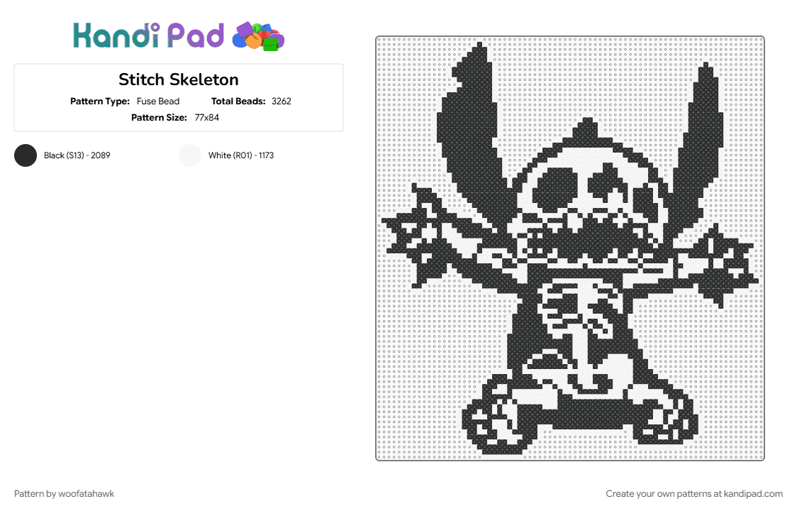 Stitch Skeleton - Fuse Bead Pattern by woofatahawk on Kandi Pad - black, white