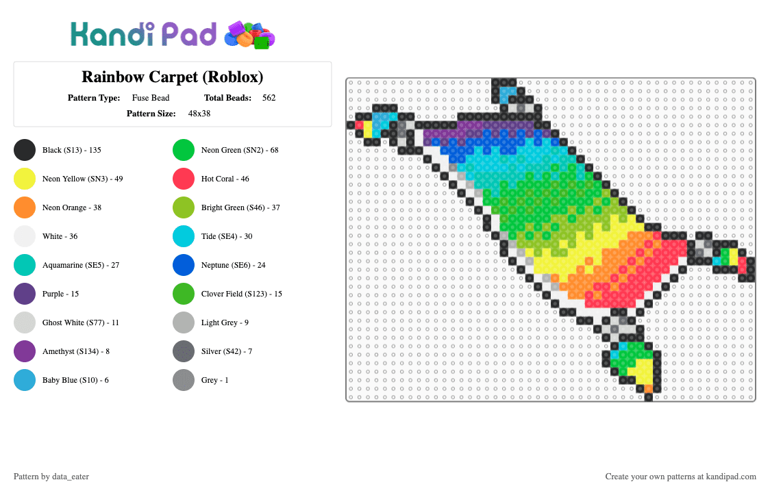 Rainbow Carpet (Roblox) - Fuse Bead Pattern by data_eater on Kandi Pad - carpet, colorful, green, magical, rainbow, red, roblox