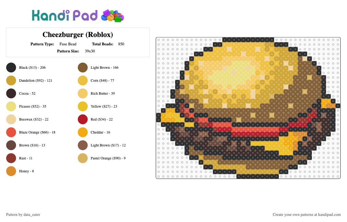 Cheezburger (Roblox) - Fuse Bead Pattern by data_eater on Kandi Pad - yellow,orange,tan,roblox,burger,cheeseburger,food,hamburger