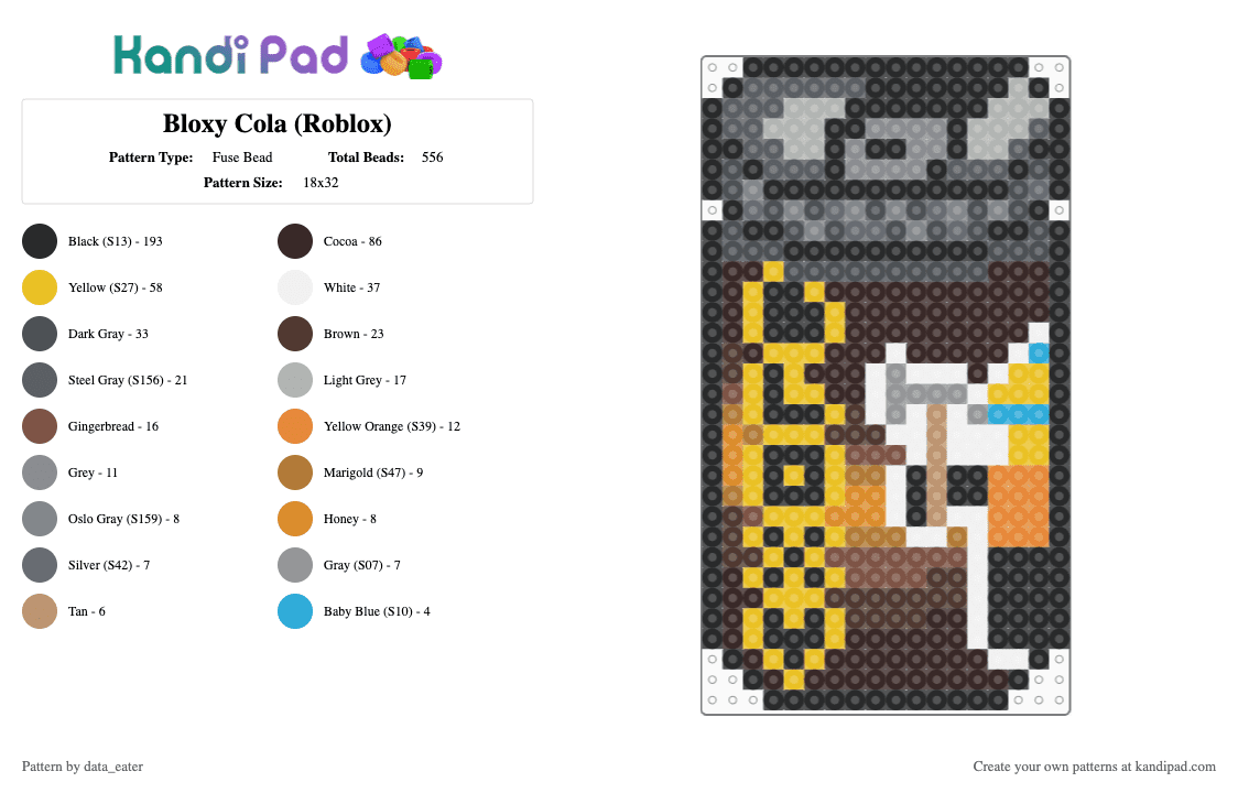 Bloxy Cola (Roblox) - Fuse Bead Pattern by data_eater on Kandi Pad - bloxy cola, brown, cola, drink, drinks, gray, roblox, yellow
