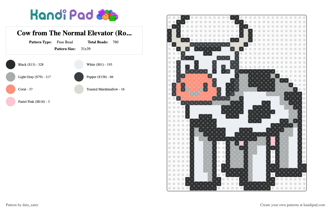 Cow (Normal Elevator | Roblox) - Fuse Bead Pattern by data_eater on Kandi Pad - black,white,gray,cow,roblox
