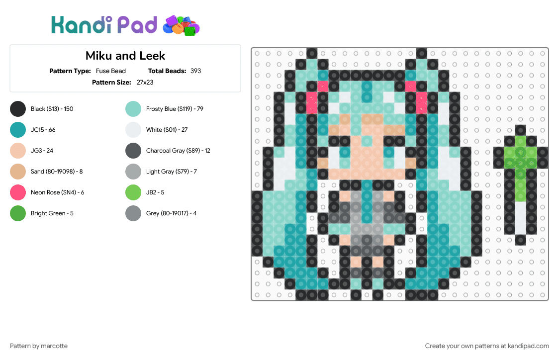 Miku and Leek - Fuse Bead Pattern by marcotte on Kandi Pad - character, charm, hatsune miku, leek, light blue, miku, music, teal, vocaloid