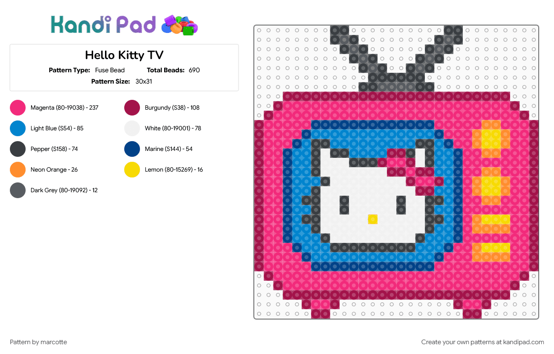 Hello Kitty TV - Fuse Bead Pattern by marcotte on Kandi Pad - blue, cat, character, hello kitty, kawaii, pink, sanrio, tv