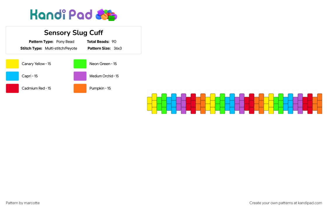 Sensory Slug Cuff - Pony Bead Pattern by marcotte on Kandi Pad - colorful, cuff, green, multistitch, multistitch cuff, orange, pink, pride, rainbow, slug, stripes