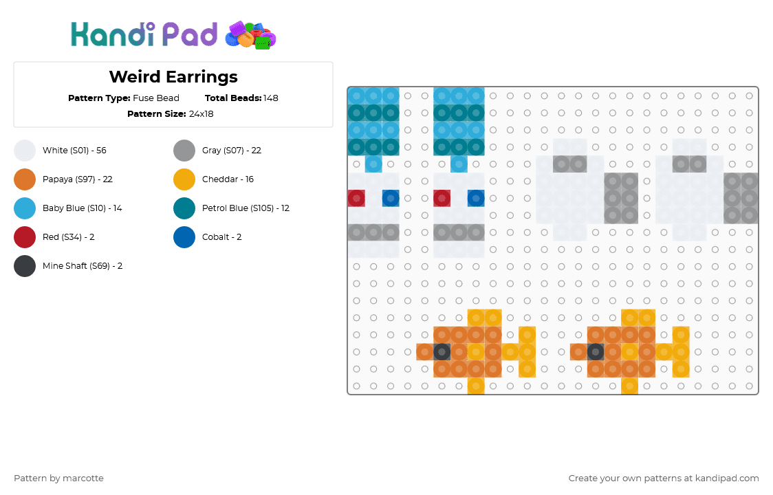 Weird Earrings - Fuse Bead Pattern by marcotte on Kandi Pad - light blue,gray,orange,fish,water,earrings,earring,tiny,small,blue