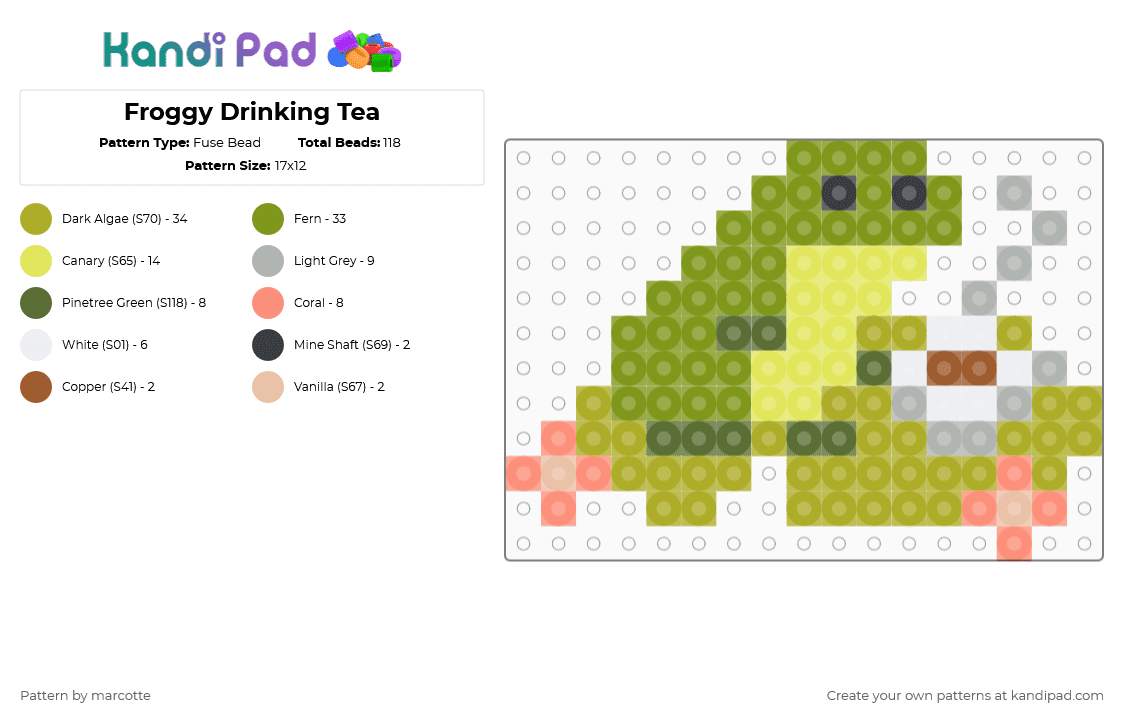 Froggy Drinking Tea - Fuse Bead Pattern by marcotte on Kandi Pad - gold,green,frog,tea,lilypad,flower,drink,cute,animal,lotus