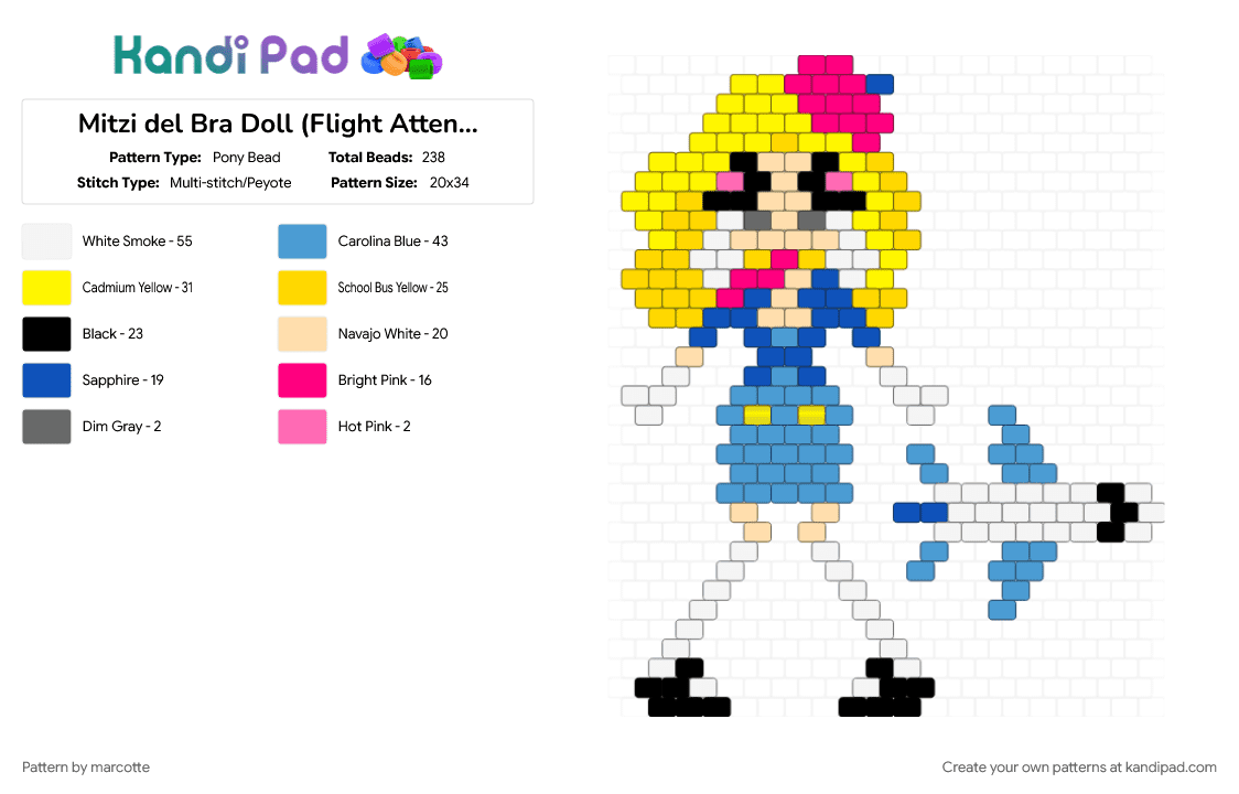 Mitzi del Bra Doll (Flight Attendant) - Pony Bead Pattern by marcotte on Kandi Pad - character, doll, hugo weaving, light blue, mitzi del bra, peyote stitch, pink, pride, priscilla queen of the desert, yellow