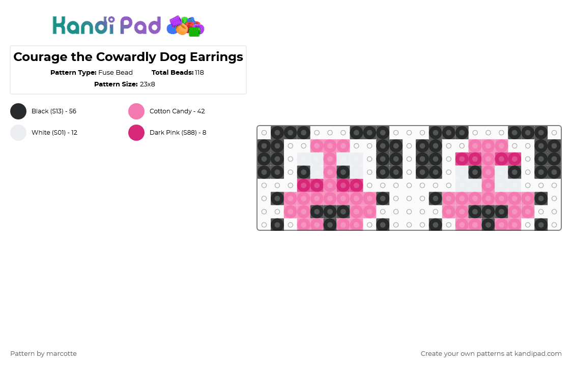 Courage the Cowardly Dog Earrings - Fuse Bead Pattern by marcotte on Kandi Pad - pink,ctcd,courage the cowardly dog,courage,dog,earrings,cartoon,cartoon network
