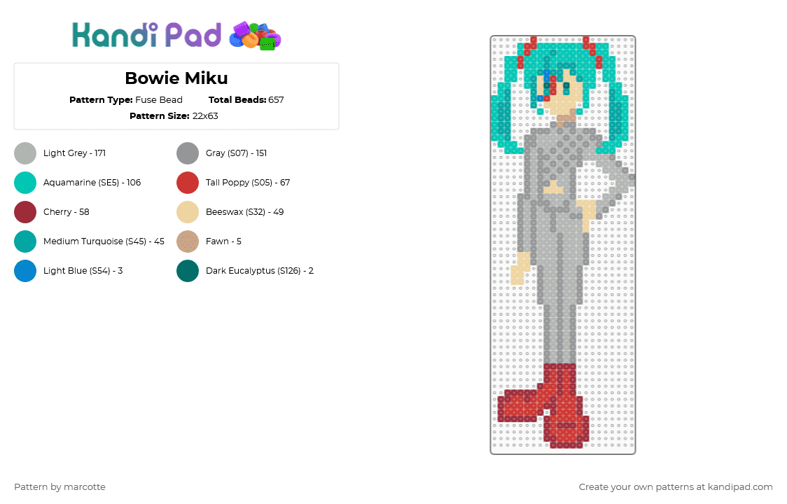 Bowie Miku - Fuse Bead Pattern by marcotte on Kandi Pad - teal,beige,red,gray,davidbowie,miku,vocaloid,bowie,hatsunemiku,blue,character