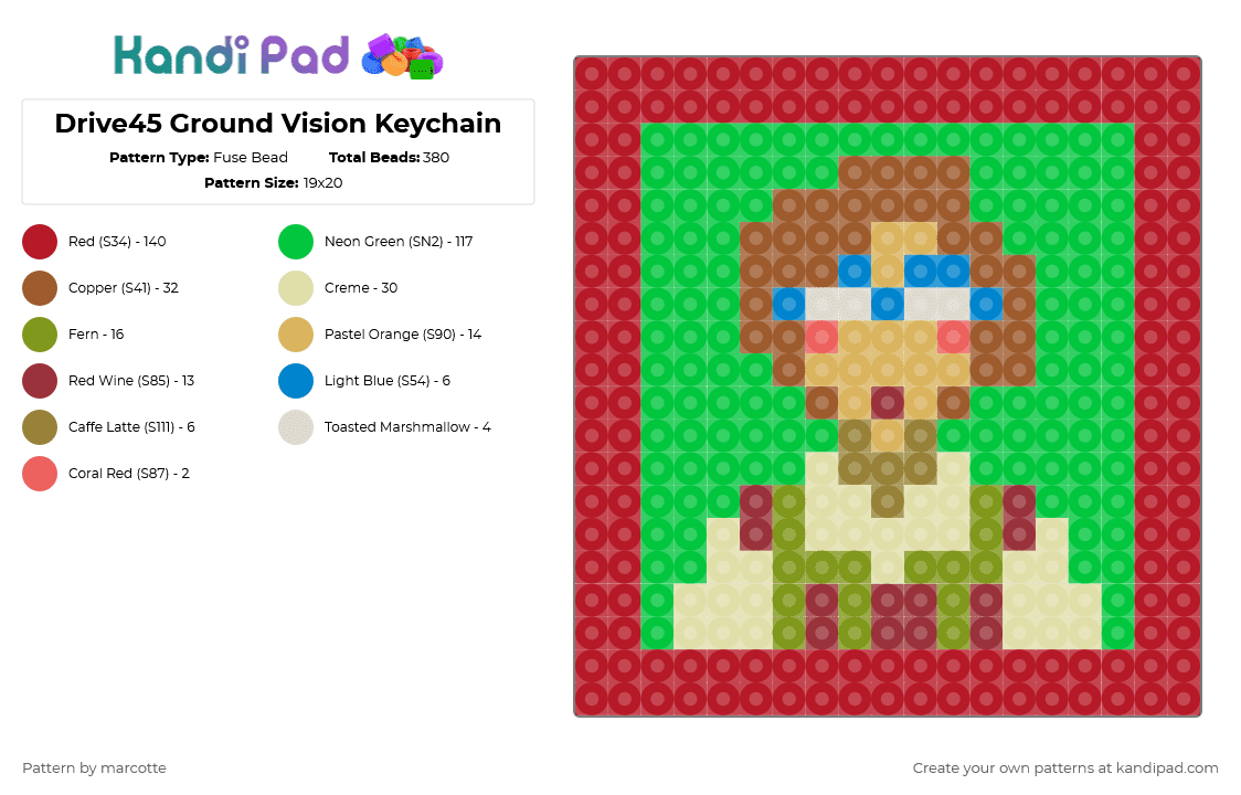 Drive45 Ground Vision Keychain - Fuse Bead Pattern by marcotte on Kandi Pad - red,green,drive45,ground vision,glasses,keychain,album,music