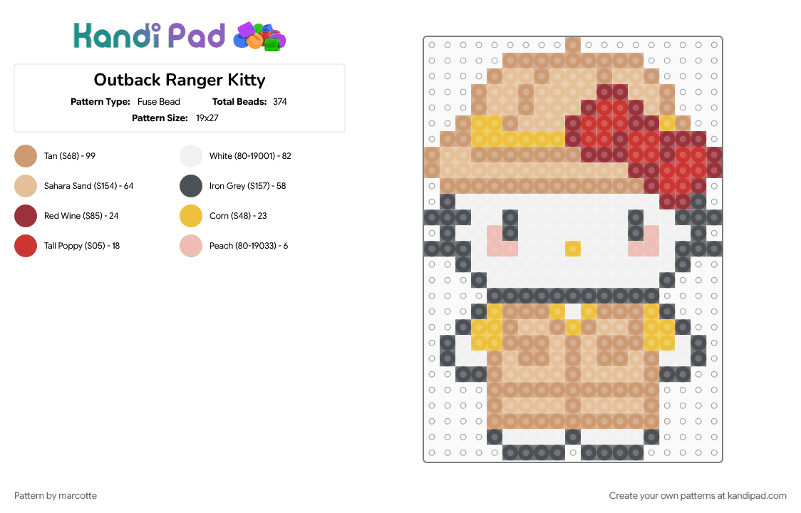 Outback Ranger Kitty - Fuse Bead Pattern by marcotte on Kandi Pad - australia, beige, character, charm, cute, hello kitty, kawaii, sanrio, tv show