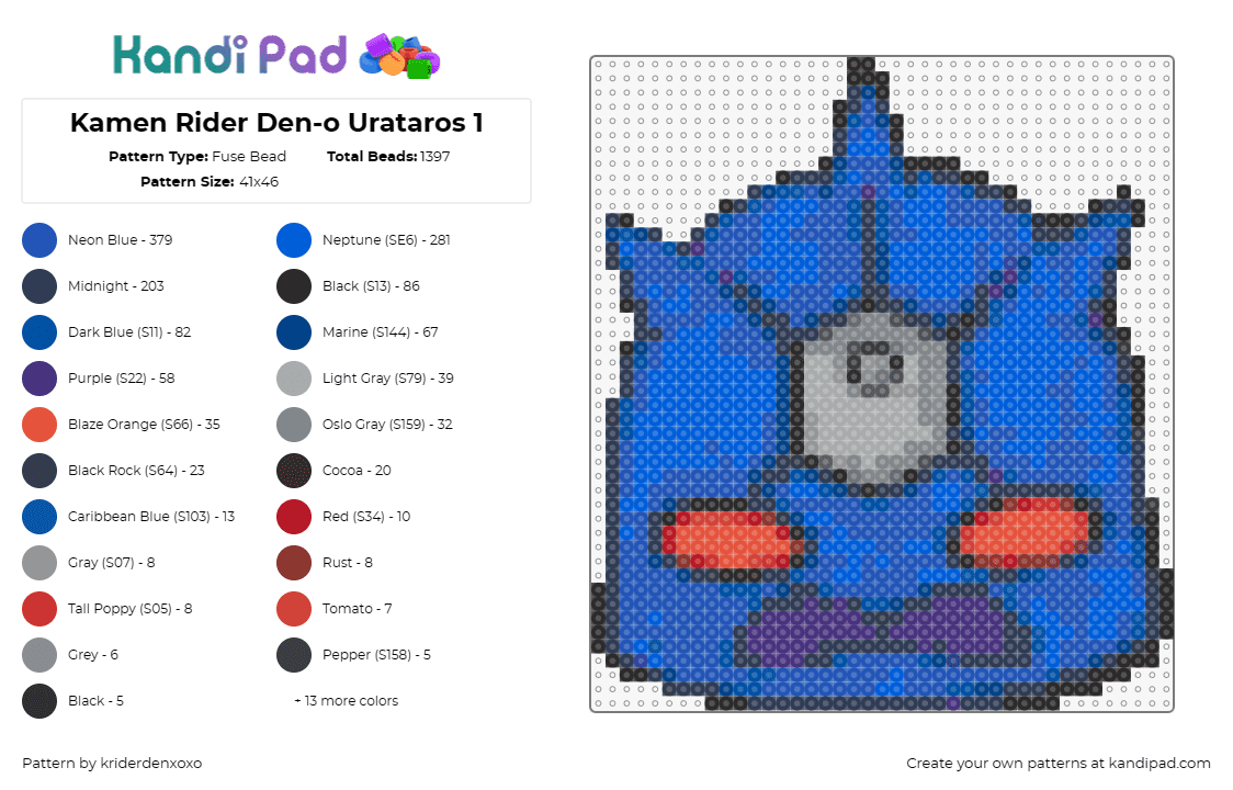 Kamen Rider Den-o Urataros 1 - Fuse Bead Pattern by kaijuchan3787 on Kandi Pad - den o urataros,kamen rider,mask,cool,character,blue