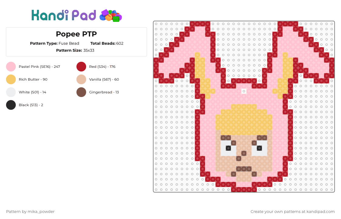 Popee PTP - Fuse Bead Pattern by mika_powder on Kandi Pad - red,pink