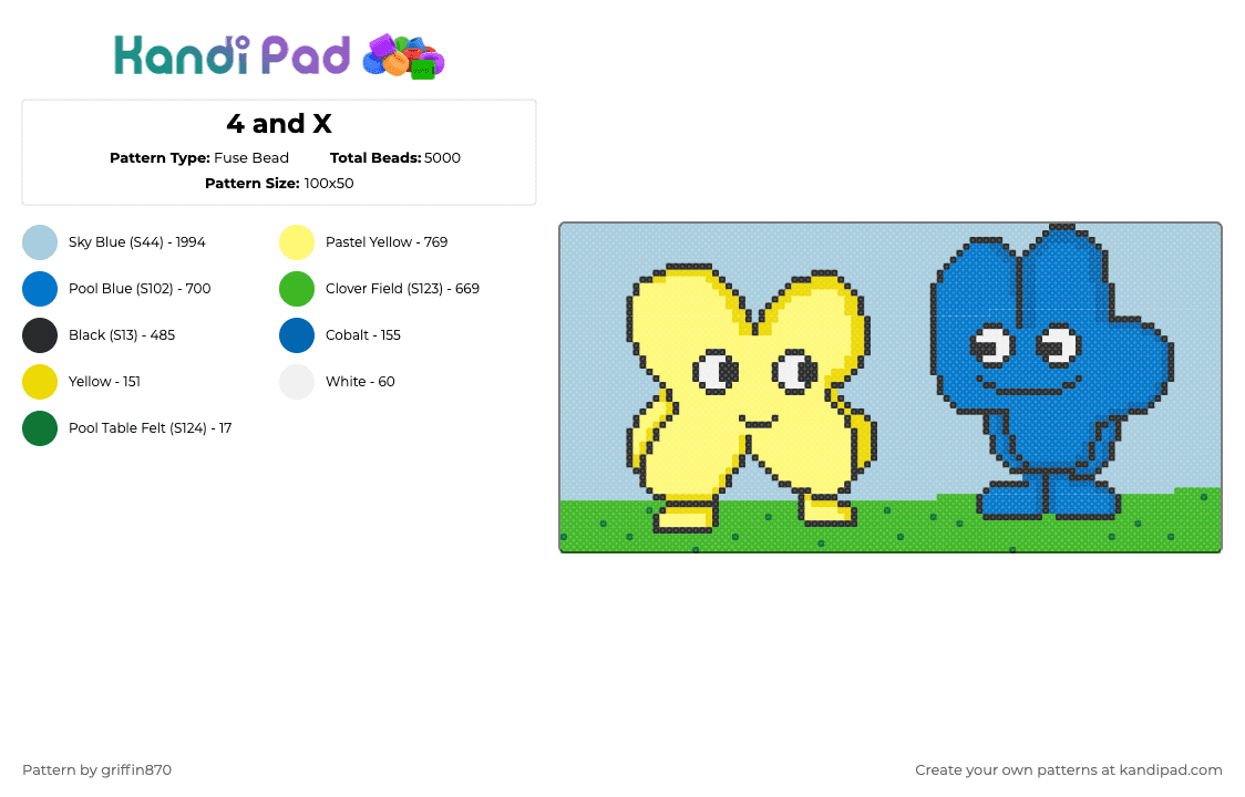 4 and X - Fuse Bead Pattern by ghostie_25 on Kandi Pad - light blue