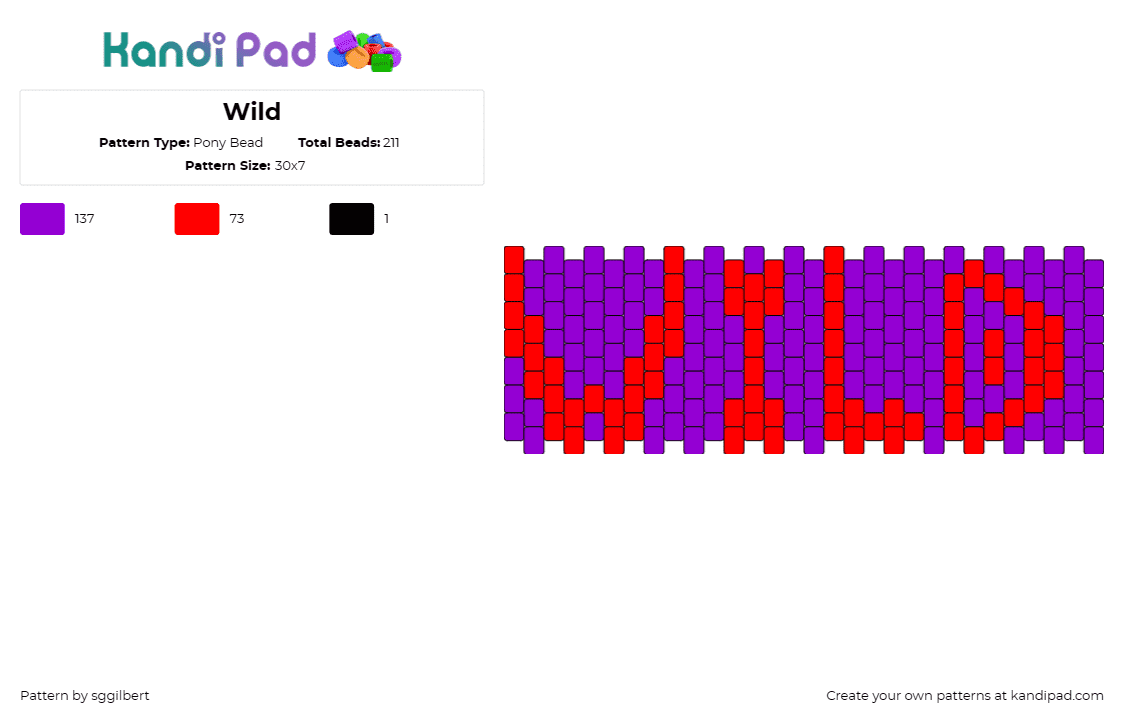 Wild - Pony Bead Pattern by sggilbert on Kandi Pad - wild,text,cuff,red,purple