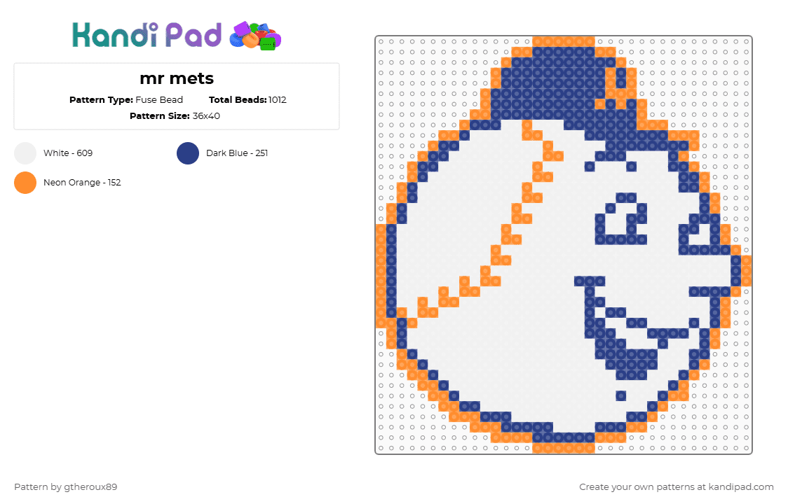 mr mets - Fuse Bead Pattern by gtheroux89 on Kandi Pad - white,orange,blue