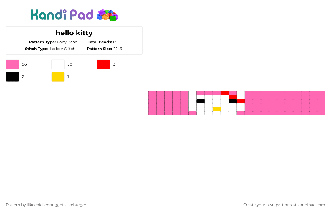 hello kitty - Pony Bead Pattern by ilikechickennuggetsilikeburger on Kandi Pad - pink,sanrio,hellokitty,cute,kawaii,cutecore,easy,simple,ladderstitch