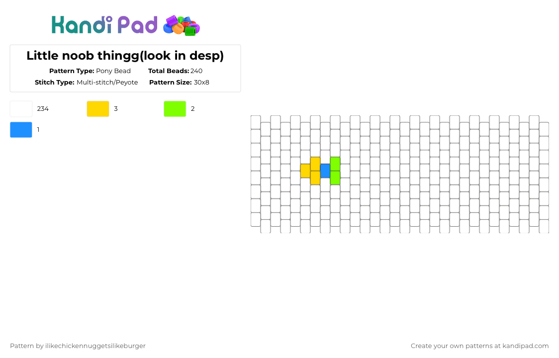 Little noob thingg(look in desp) - Pony Bead Pattern by ilikechickennuggetsilikeburger on Kandi Pad - beginner, easy, fun, game, gaming, green, noob, roblox, simple, white, yellow
