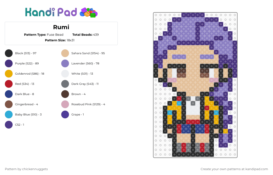 Rumi - Fuse Bead Pattern by chickennuggets on Kandi Pad - purple,beige,pink