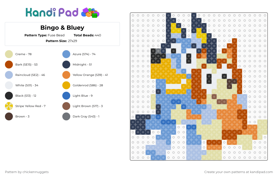 Bingo & Bluey - Fuse Bead Pattern by chickennuggets on Kandi Pad - yellow,light blue,orange,red,colorful