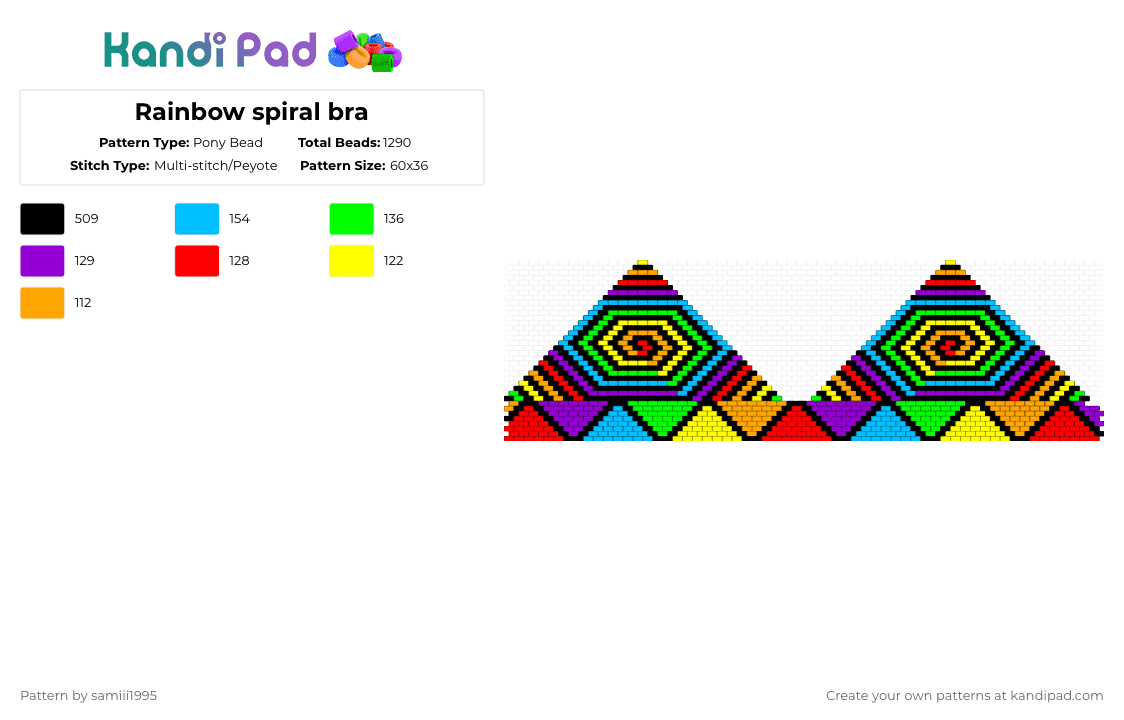 Rainbow spiral bra - Pony Bead Pattern by samiii1995 on Kandi Pad - purple,yellow,colorful,bikini,bra,rainbow,spiral