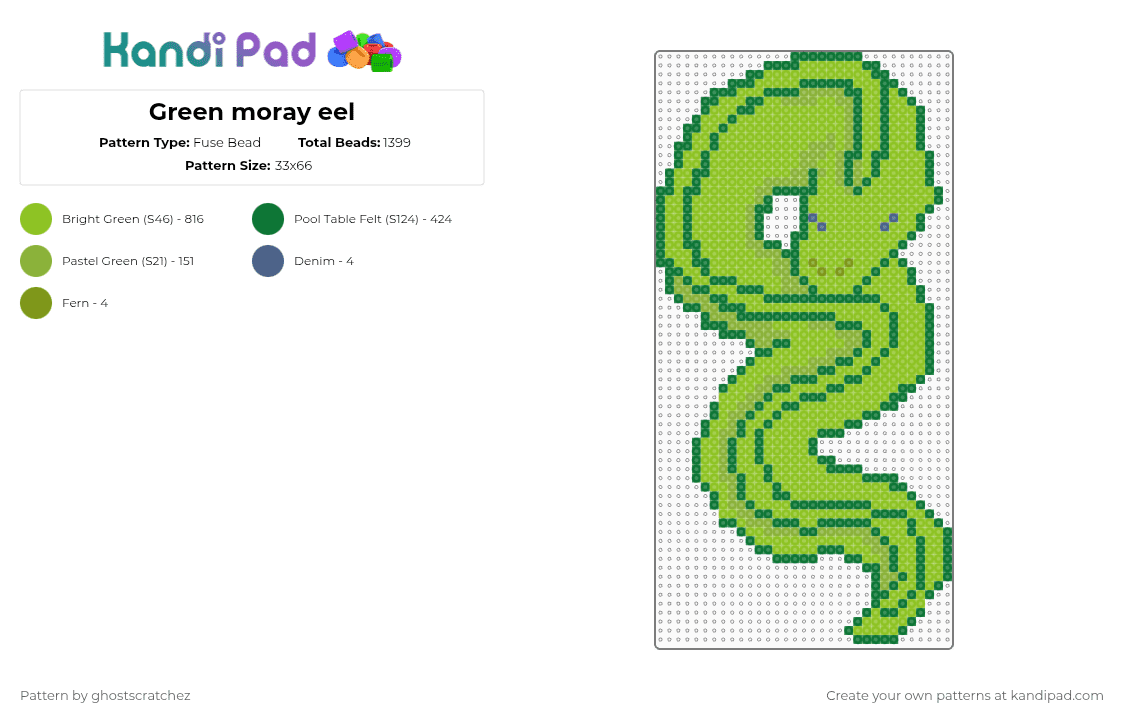 Green moray eel - Fuse Bead Pattern by ghostscratchez on Kandi Pad - green,eel,fish,sea,moray
