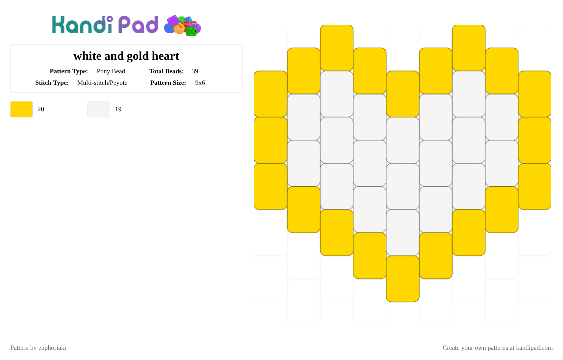white and gold heart - Pony Bead Pattern by euphoriaki on Kandi Pad - white,yellow