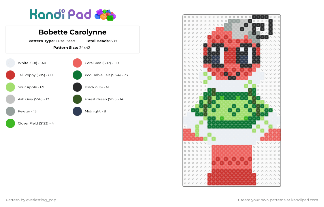 Bobette Carolynne - Fuse Bead Pattern by everlasting_pop on Kandi Pad - red,green,dandysworld,bobette,bobettecarolynne,christmas,medium,dandysworldbobette,perler,fusebeads