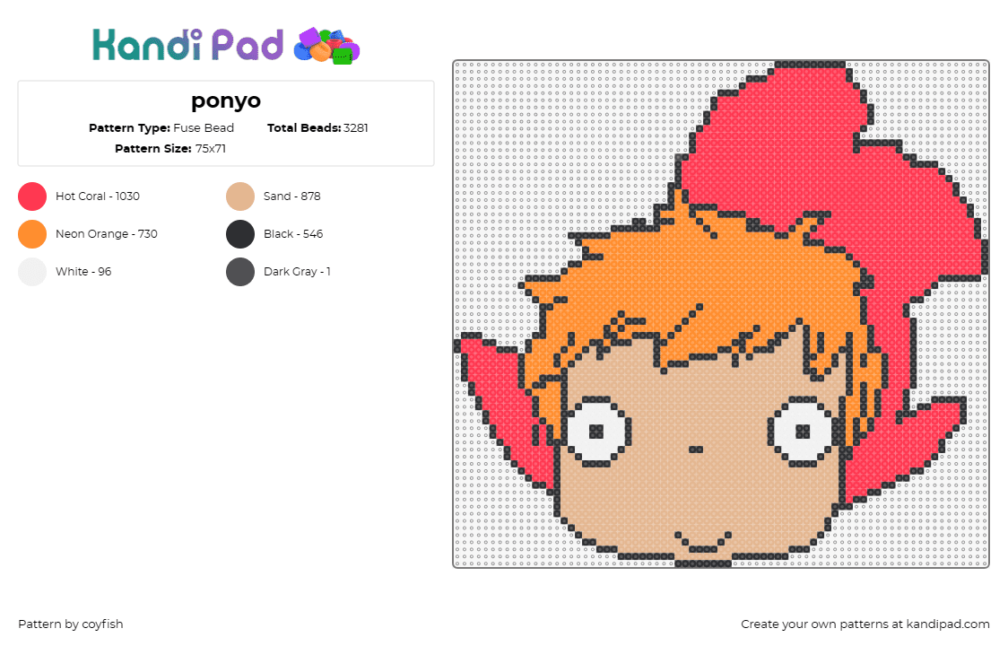 ponyo - Fuse Bead Pattern by coyfish on Kandi Pad - ponyo,anime,movies,studio ghibli