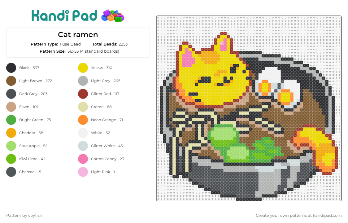 Cat ramen - Fuse Bead Pattern by coyfish on Kandi Pad - cats,animals,ramen,soup,noodles,food