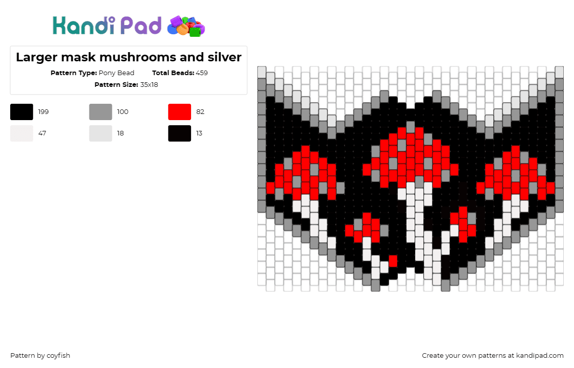 Larger mask mushrooms and silver - Pony Bead Pattern by coyfish on Kandi Pad - mushrooms,fungus,mask,clothing,dark,black,red,white