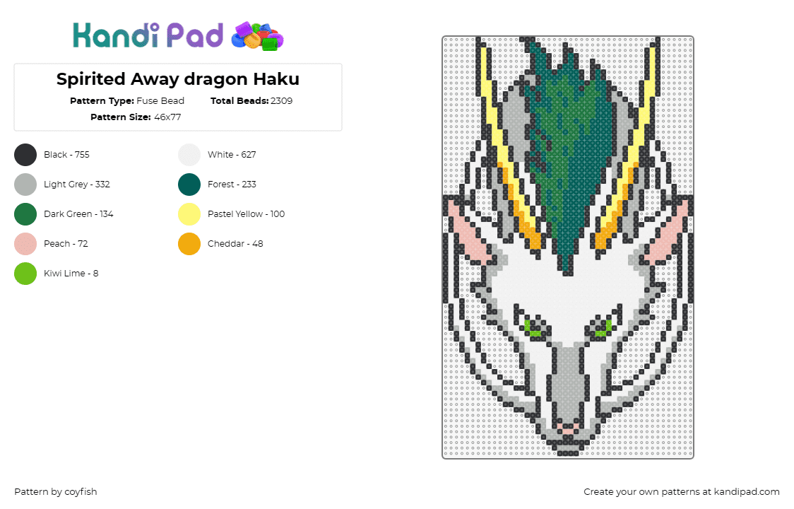 Spirited Away dragon Haku - Fuse Bead Pattern by coyfish on Kandi Pad - haku,spirited away,dragon,character,mythical,anime,ghibli,movie,white,green