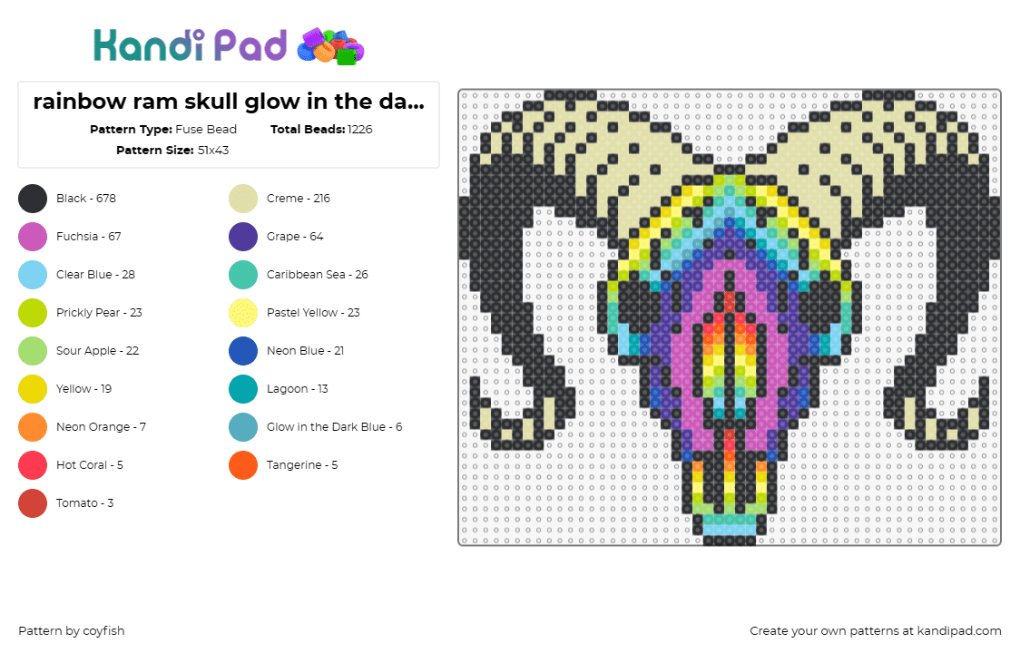 rainbow ram skull glow in the dark horns - Fuse Bead Pattern by coyfish on Kandi Pad - skull,ram,horns,glow in the dark,animal,colorful,beige