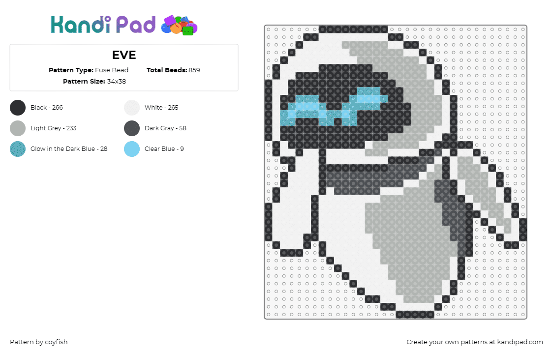 EVE - Fuse Bead Pattern by coyfish on Kandi Pad - eve,robot,disney,character,movie,cute,white,gray