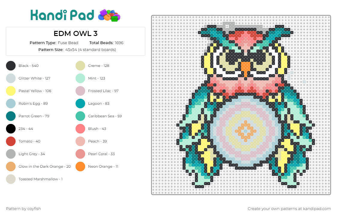 EDM OWL 3 - Fuse Bead Pattern by coyfish on Kandi Pad - edm,edc,music,owls,animals,birds