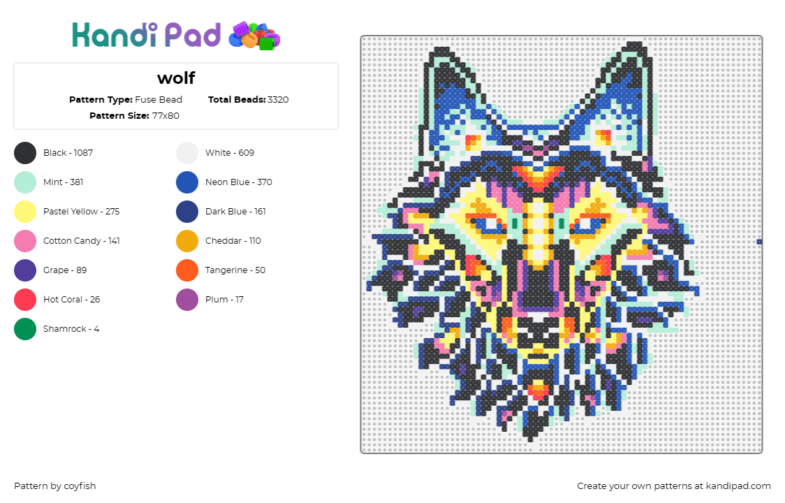 wolf - Fuse Bead Pattern by coyfish on Kandi Pad - wolf,colorful,animal,majestic,fantasy,blue,yellow
