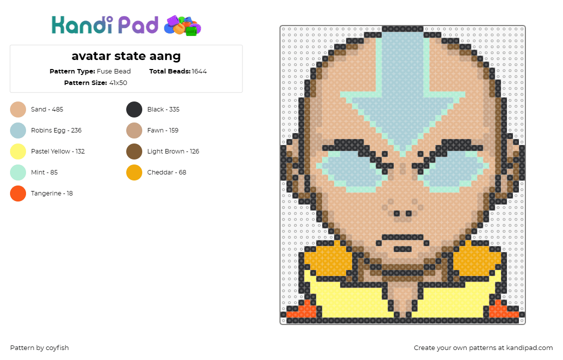 avatar state aang - Fuse Bead Pattern by coyfish on Kandi Pad - aang,avatar,character,portrait,anime,tv show,tan,light blue,yellow