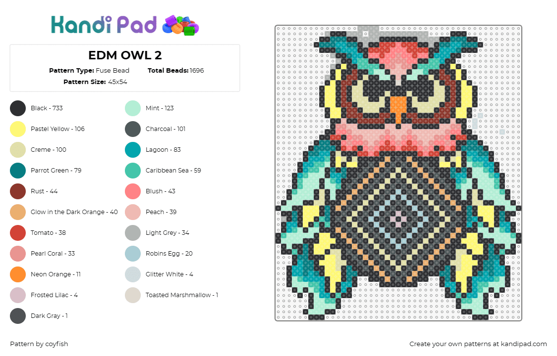 EDM OWL 2 - Fuse Bead Pattern by coyfish on Kandi Pad - owl,edc,festival,edm,music,geometric,animal,colorful,red,teal,yellow