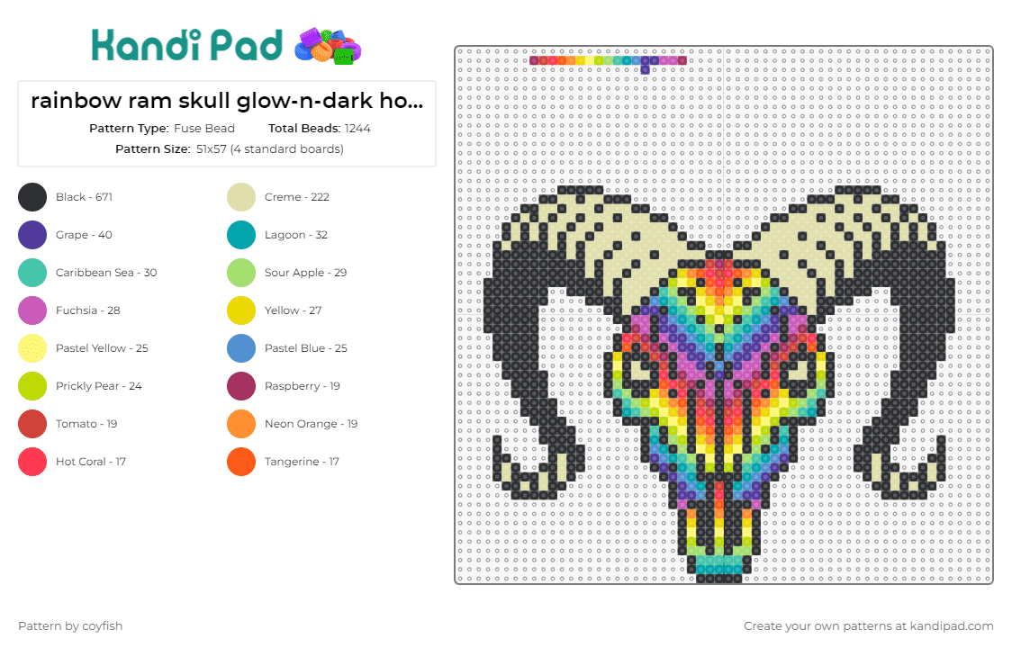 rainbow ram skull glow-n-dark horns/eyes - Fuse Bead Pattern by coyfish on Kandi Pad - skulls,glow in the dark,ram,animals,rainbows