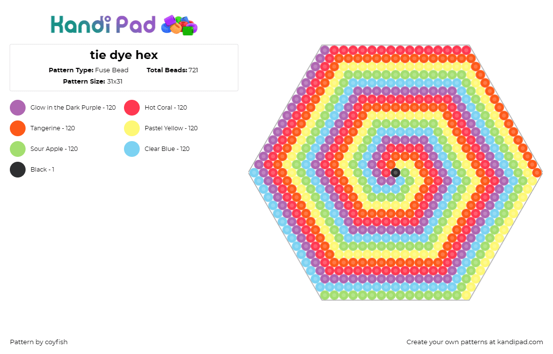 tie dye hex - Fuse Bead Pattern by coyfish on Kandi Pad - spiral,hexagon,rainbow,geometric,panel,colorful,orange,red,yellow