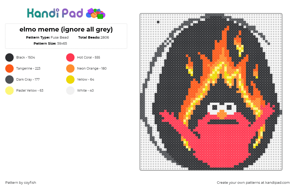 elmo meme (ignore all grey) - Fuse Bead Pattern by coyfish on Kandi Pad - memes,elmo,flames,fire,sesame street