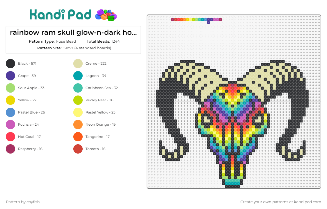 rainbow ram skull glow-n-dark horns/eyes 2 - Fuse Bead Pattern by coyfish on Kandi Pad - skulls,glow in the dark,ram,animals,rainbows