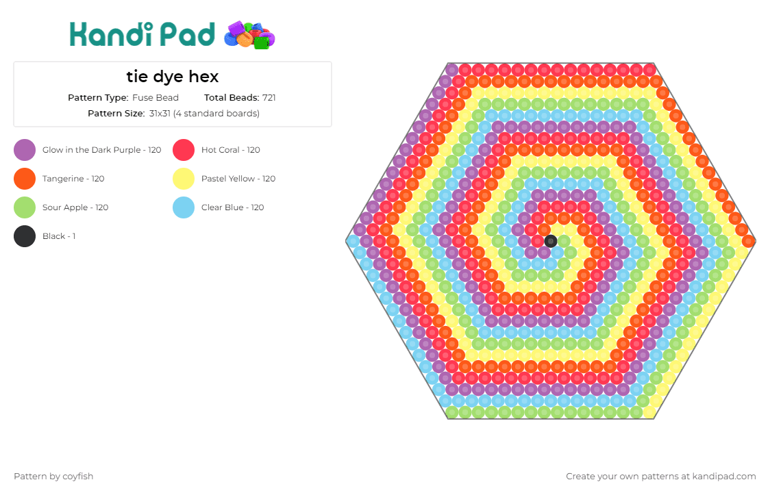 tie dye hex - Fuse Bead Pattern by coyfish on Kandi Pad - rainbows,spirals,geometric panel,hexagon,swirl