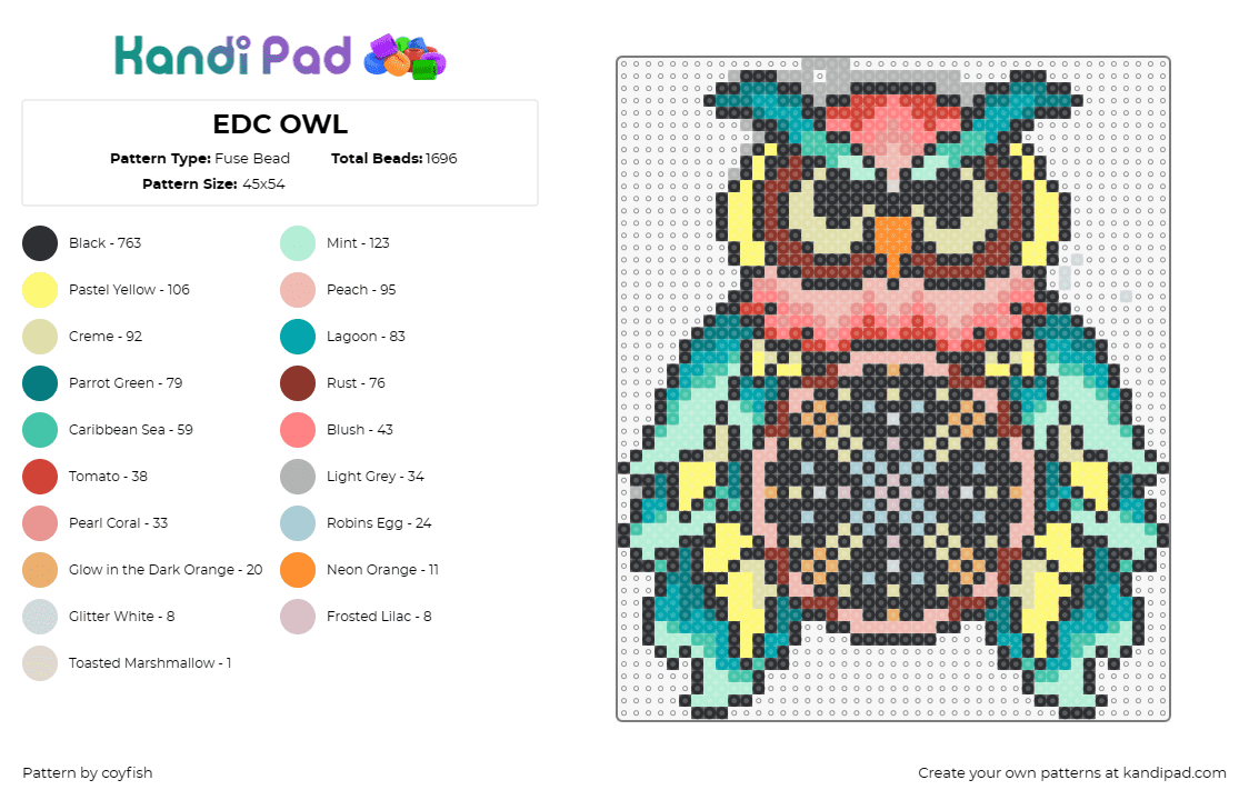 EDC OWL - Fuse Bead Pattern by coyfish on Kandi Pad - owl,edc,festival,edm,music,animal,colorful,red,teal,yellow